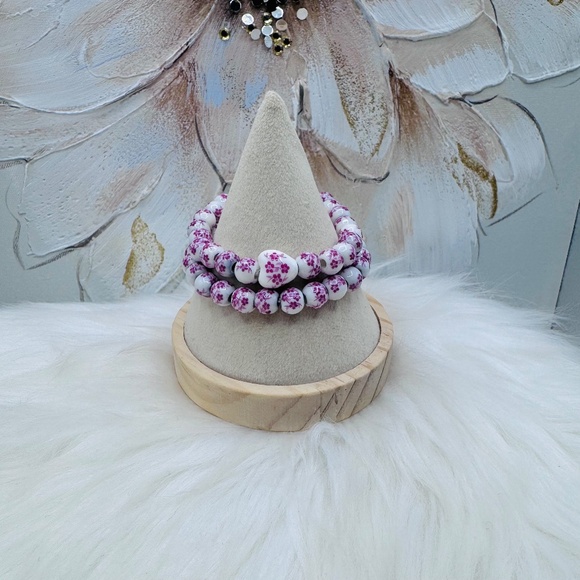 Chinese-Style Ceramic Floral Beaded Stretch Bracelet Pink floral Duo with Cross - Picture 2 of 6